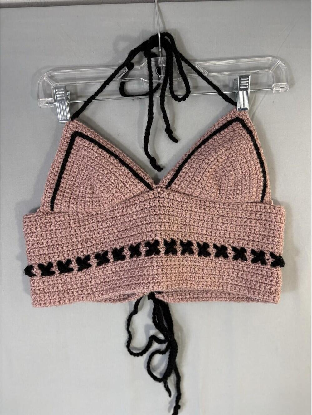 Handmade Crochet Halter Crop Top Womens Pink Black Lace Up Boho Bralette